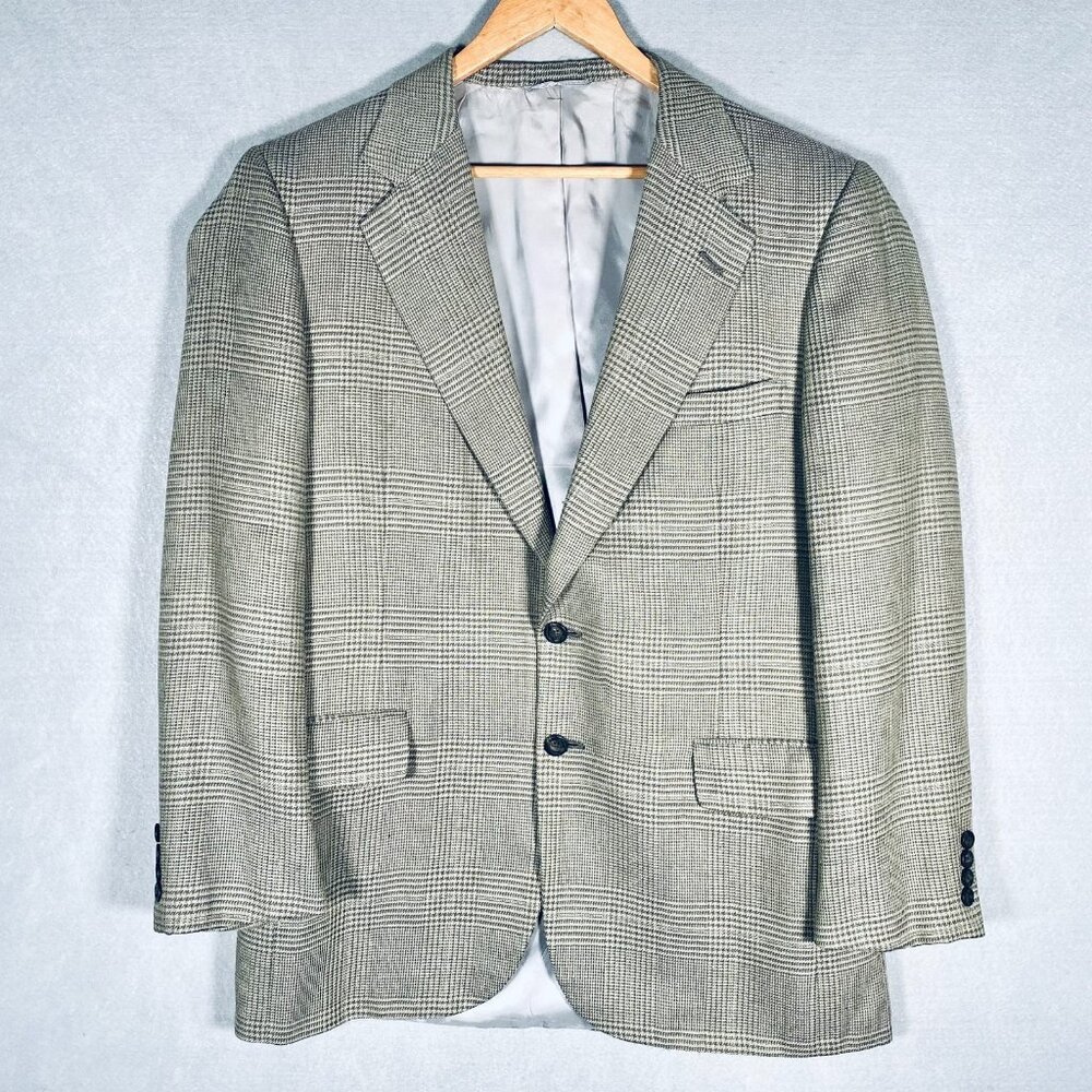 Vintage Tom James Blazer Mens 44L Beige Silk Wool Houndstooth Sport Coat Jacket